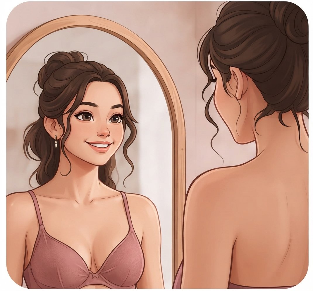 Mulher observando o próprio corpo em frente ao espelho